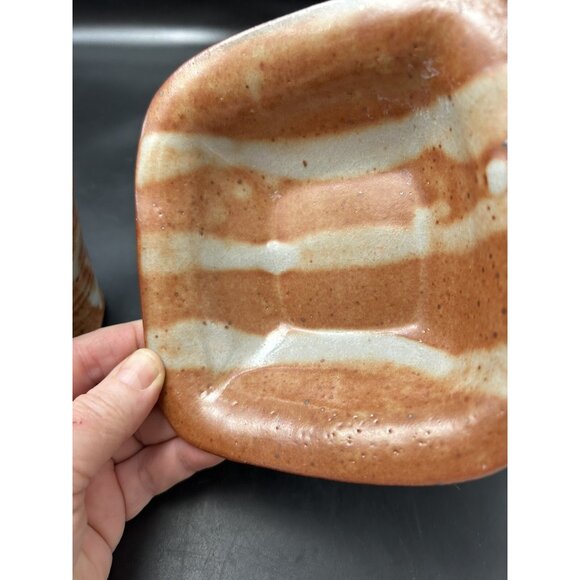 Set of 2 Vintage Hand Thrown Stoneware Art Pottery Soap Dish & Cup Speckled - Picture 13 of 13